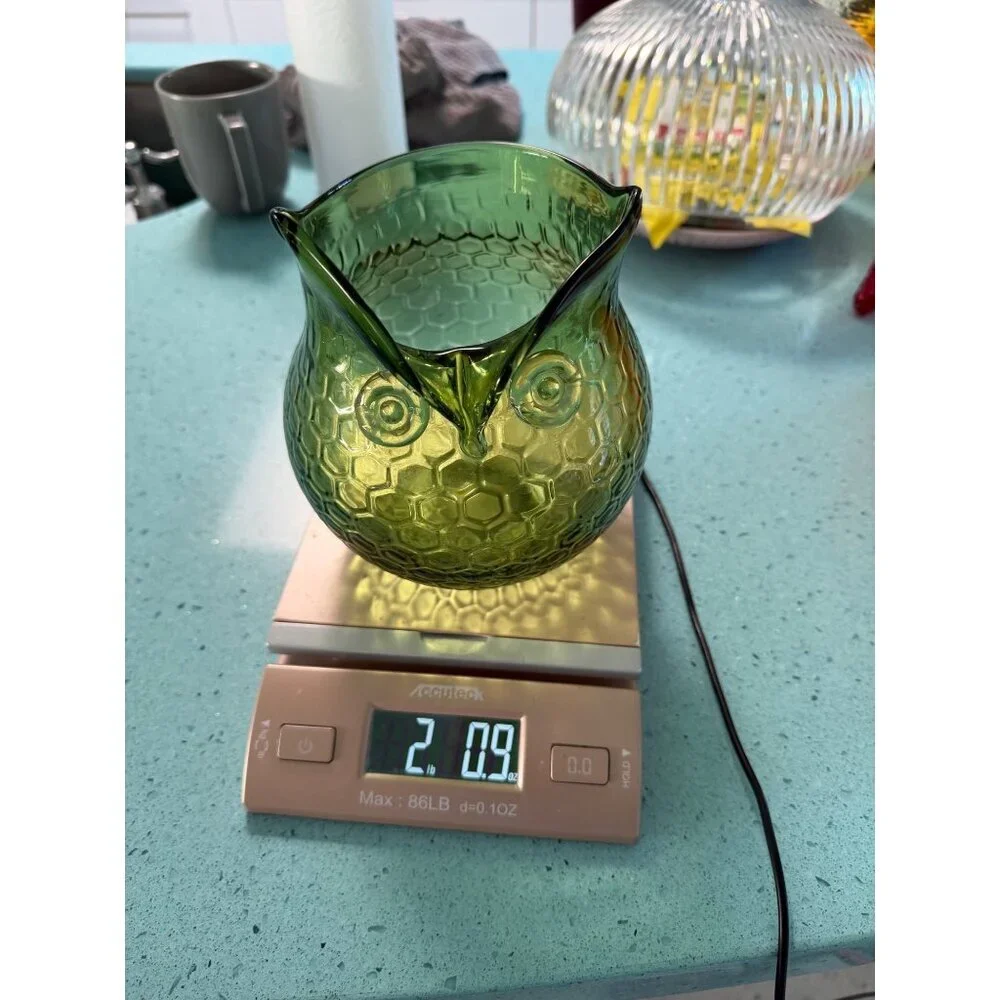 Vintage Set of 2 Hand-blown Art Glass Owls Green Honeycomb Pattern MCM
